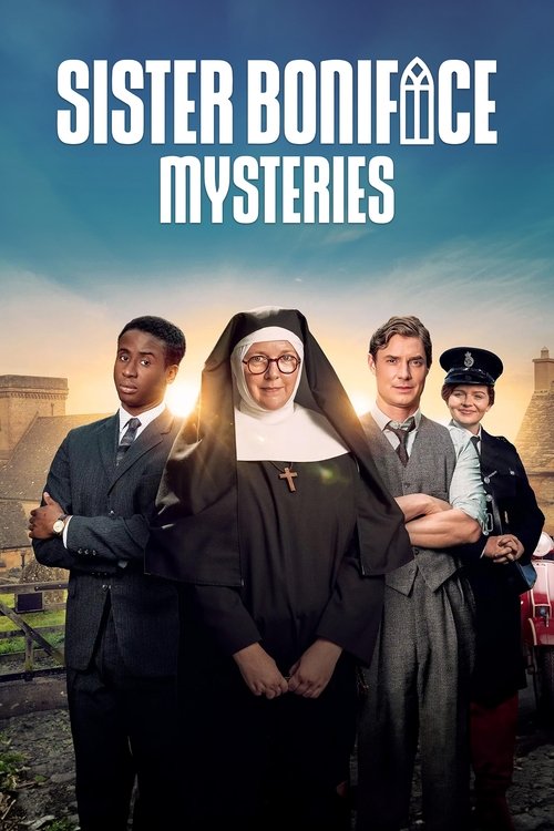 The poster features four characters in period costumes against a sunset backdrop, evoking mystery and intrigue. The warm tones of the sky contrast with the dark, solemn attire of the central figure, creating a dramatic mood. The title "Sister Boniface Mysteries" is prominently displayed at the to...