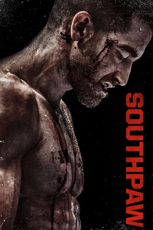 The poster features a muscular, shirtless man with a rugged, weathered face, his head tilted downward in a contemplative pose. The background is dark and shadowy, emphasizing the subject's powerful physique. Bold red text reads "SOUTHPAW" vertically on the right, creating a striking contrast agai...