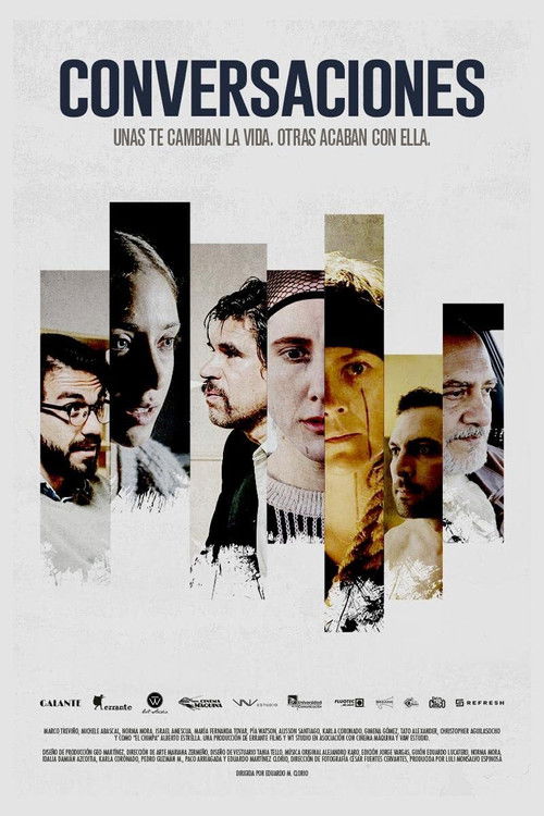 The poster features a collage of black-and-white portraits of characters, evoking a mysterious and introspective mood. The muted tones and fragmented imagery suggest themes of connection and personal discovery.