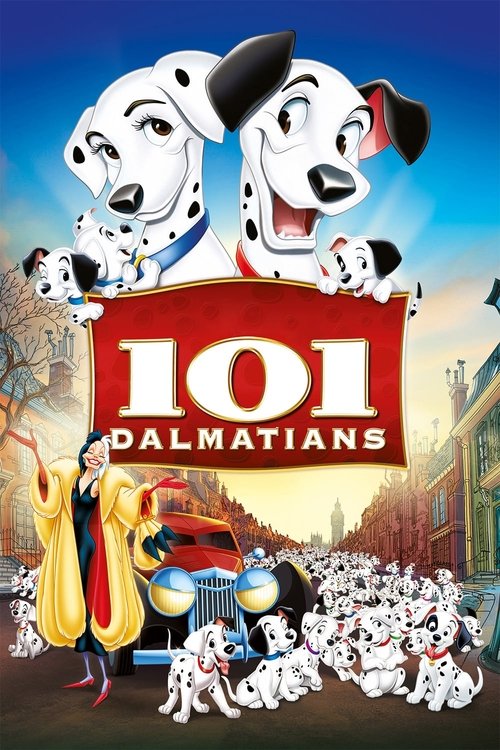 The poster features a lively street scene with Dalmatian puppies running through a colorful, sunlit city. A wise old man in a yellow robe stands on the left, while a red car and a group of children play in the foreground. The vibrant colors and playful atmosphere convey a joyful, adventurous mood.