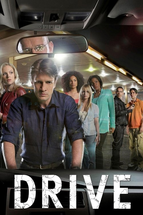 The poster features a group of characters standing in a dimly lit car interior, exuding a sense of mystery and intrigue. The warm glow of the headlights contrasts with the cool tones of the car's interior, creating a dramatic atmosphere. The bold "DRIVE" text at the bottom emphasizes the show's t...