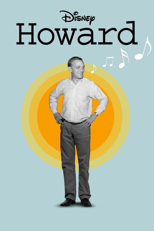 This Disney movie poster features Howard, a man in a white shirt and gray pants, standing confidently with hands on hips against a vibrant orange and yellow gradient background. Musical notes float above him, suggesting themes of creativity and entertainment. The light blue backdrop adds depth, m...