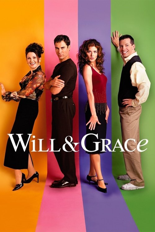 The poster features four characters standing side by side against vibrant, multicolored vertical stripes—orange, pink, purple, and green. The women are dressed in stylish, contrasting outfits, while the men wear casual yet polished attire. The mood is playful and energetic, capturing the show’s c...