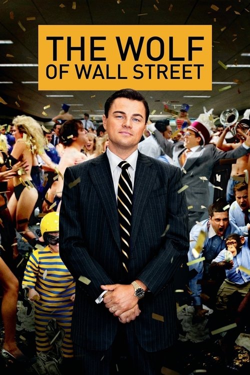 The poster features a man in a sharp suit standing confidently in front of a chaotic, crowded scene filled with reporters and fans. The warm yellow background contrasts with the cool tones of the crowd, creating a dramatic and intense atmosphere. The title "The Wolf of Wall Street" is prominently...