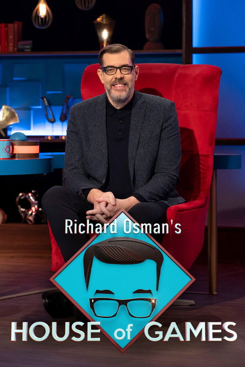 A man in a red chair sits confidently in the center of a TV show poster. The poster features a blue diamond-shaped logo with a cartoon character wearing glasses, surrounded by the text "Richard Osman's House of Games." The warm lighting and vibrant colors create a cozy, inviting atmosphere.