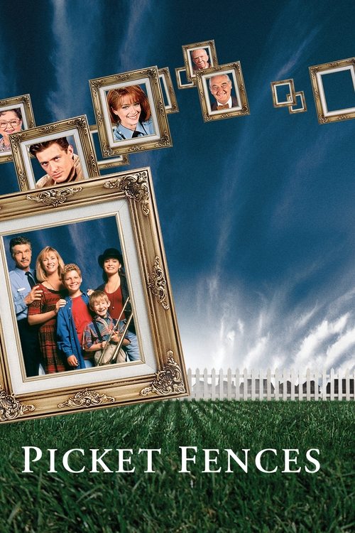 The poster features a dramatic sky with swirling clouds and a white fence at the horizon. A large ornate frame in the foreground displays a family portrait, while smaller frames float above, each containing different family members. The green grass at the bottom adds a natural, peaceful atmospher...