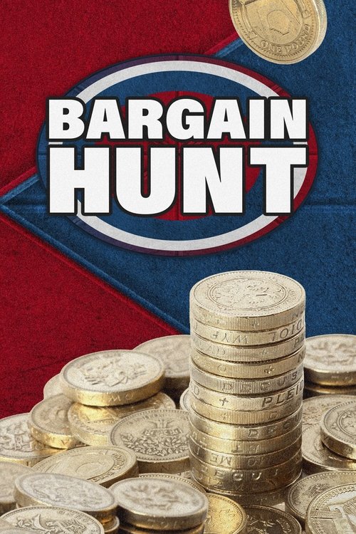 This TV show poster for "Bargain Hunt" features a vibrant red and blue background with a diamond-shaped logo. A stack of gleaming gold coins dominates the foreground, symbolizing wealth and savings. The overall mood is energetic and inviting, suggesting a thrilling financial adventure.