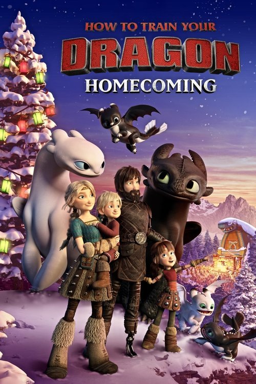 The poster features a group of young characters standing proudly in front of a snowy landscape, with a dragon and its companion flying overhead. The warm tones of the characters' clothing contrast with the cool blue and white hues of the winter setting, creating a cozy yet adventurous atmosphere.