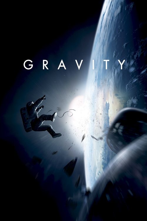 The poster depicts astronauts floating in deep space against the backdrop of Earth, with a dramatic, ethereal atmosphere. The cool blues and whites of space contrast with the warm glow of the planet, creating a sense of wonder and isolation. The title "Gravity" is prominently displayed in stark w...