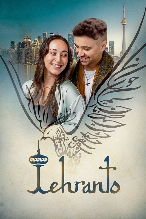 The movie poster features a romantic couple embracing under a large, stylized eagle wing, set against a backdrop of a city skyline with the iconic Tel Aviv Tower. The warm, golden hues of the couple's clothing contrast with the cool blue tones of the sky, creating a dreamy and inviting atmosphere...
