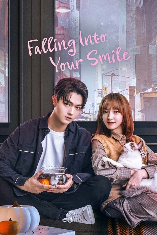 The poster features a couple sitting close together in a cozy, sunlit room with warm tones. The man holds a drink while the woman rests her head on his shoulder, creating an intimate and affectionate mood. The soft pink text "Falling Into Your Smile" adds a romantic and inviting atmosphere.