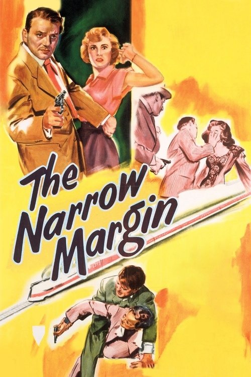 This vintage movie poster features a dramatic scene with a man in a suit holding a woman in a pink dress, set against a fiery yellow background. The title "The Narrow Margin" is prominently displayed in bold, stylized lettering. The poster conveys a sense of suspense and romance, with figures in ...