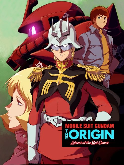 The poster features a central figure in a striking red and black suit with gold accents, flanked by a blonde woman on the left and a young man in a gray jacket on the right. The background showcases a large red Gundam robot with glowing purple lights, creating a dramatic and intense atmosphere. T...