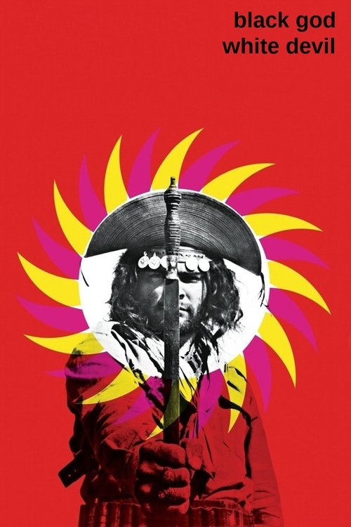 This poster features a striking black-and-white portrait of a figure with long hair, holding a sword, set against a vibrant red background. Surrounding the figure are dynamic yellow and purple sunburst-like shapes, symbolizing conflict and chaos. The bold text "Black God, White Devil" at the top ...
