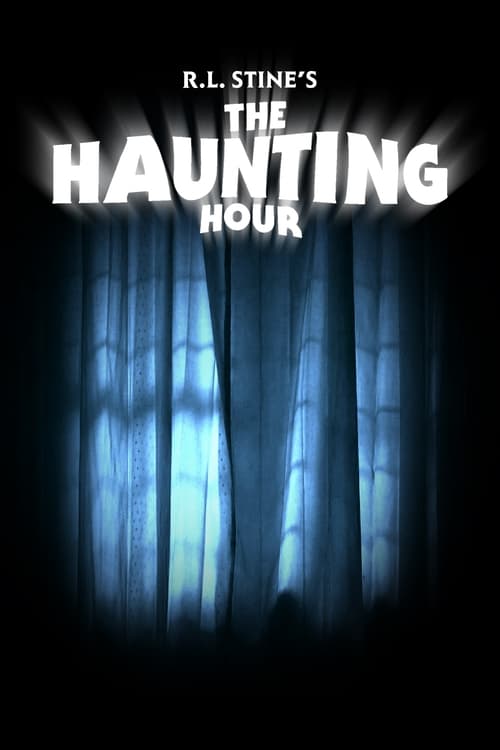 The poster features a dark, eerie scene with blue curtains in the background, evoking a spooky atmosphere. The title "The Haunting Hour" is prominently displayed in bold, white letters, suggesting a mysterious and suspenseful theme.