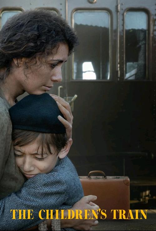 The poster features a tender moment between a woman and a child, with the woman gently holding the child's head. Warm tones dominate the image, including soft browns, muted greens, and gentle yellows that evoke a nostalgic and emotional atmosphere. The title, "The Children's Train," is prominentl...