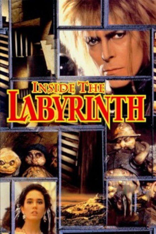 The poster features a dark, moody atmosphere with a central figure of a man with blonde hair and intense eyes, surrounded by eerie creatures. The title "Inside the Labyrinth" is prominently displayed in bold, red letters. The overall mood is suspenseful and mysterious, evoking a sense of danger a...