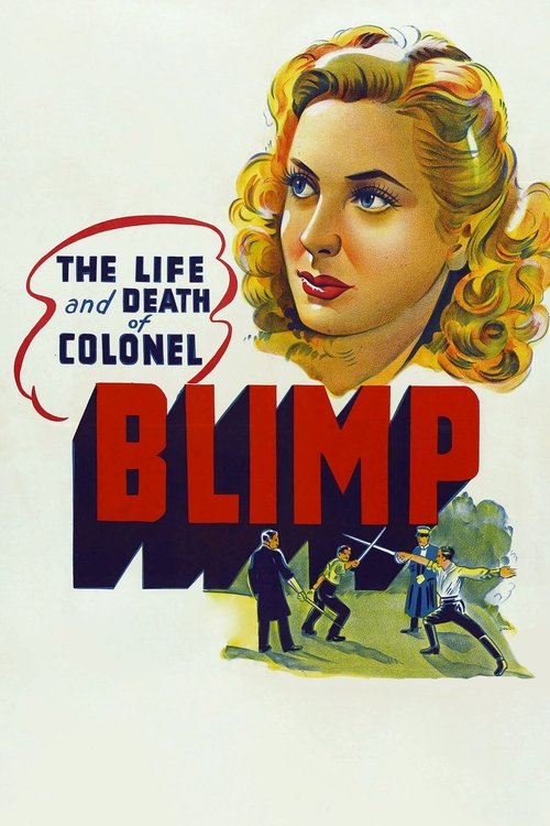 This vintage movie poster features a glamorous blonde woman with curly hair, exuding confidence and allure. Below her, the title "BLIMP" is boldly displayed in red letters, accompanied by silhouettes of soldiers in action. The overall design conveys a dramatic, heroic mood with vibrant colors tha...