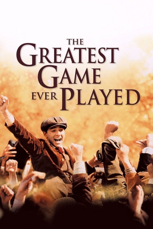 The poster features a jubilant crowd celebrating in a golden sunset, with the title "The Greatest Game Ever Played" prominently displayed. The warm colors evoke a sense of triumph and nostalgia, capturing the excitement of a memorable sporting event.