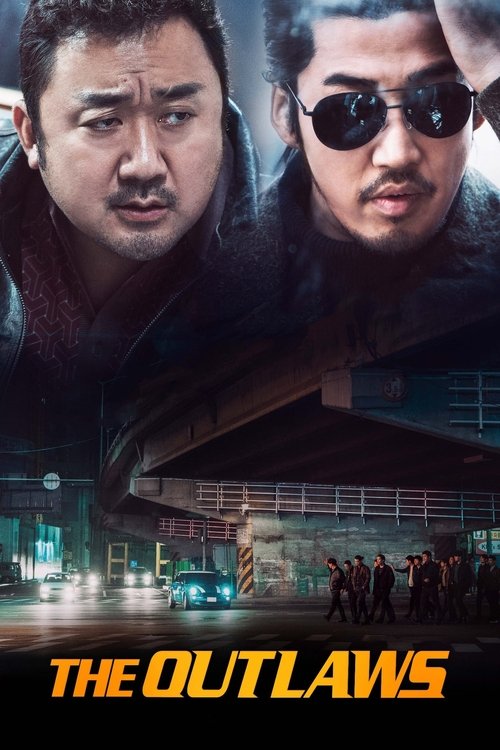 The poster features two intense men in sunglasses, one with a serious expression and the other with a more intense look. The background shows a gritty urban scene with a car and a large overpass, evoking a sense of danger and tension. The title "The Outlaws" is prominently displayed in bold yello...