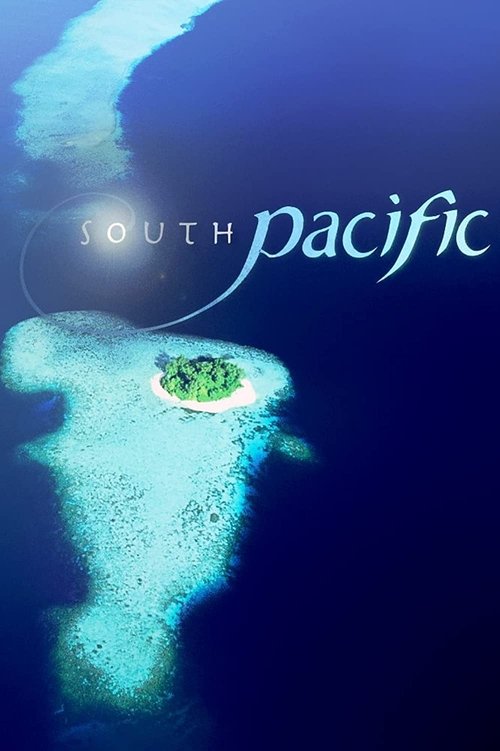 The poster features a serene underwater scene with a small green island in the center, surrounded by deep blue waters. The title "South Pacific" is elegantly written in white and teal script, evoking a sense of mystery and tranquility.