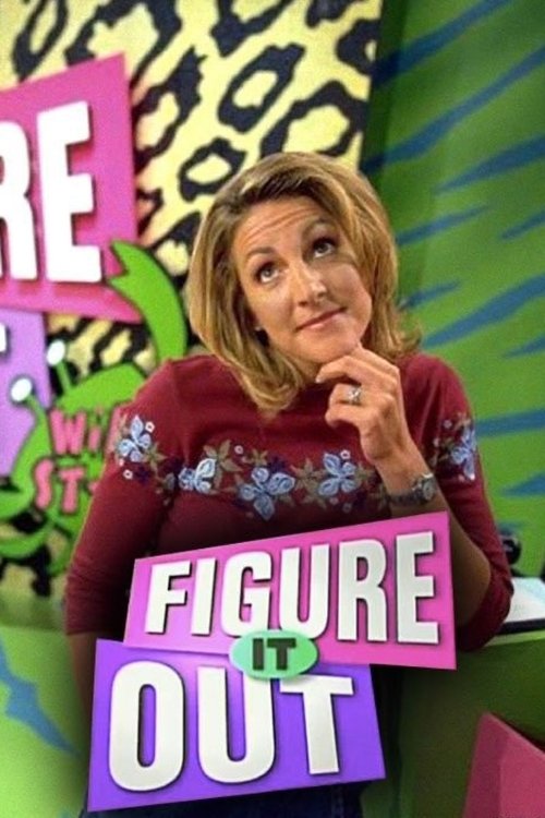 The poster features a cheerful woman with blonde hair, wearing a maroon sweater with floral patterns, holding a sign that reads "Figure It Out." The background is vibrant with leopard print and green foliage, creating a lively and inviting atmosphere. The overall mood is warm and engaging, sugges...