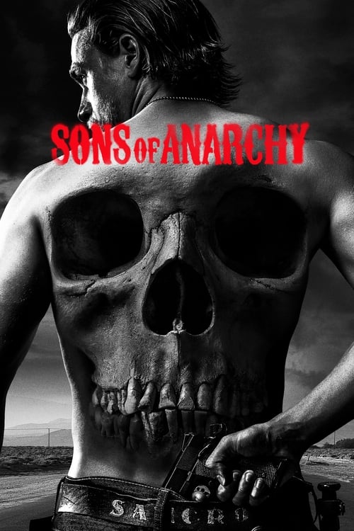 The poster features a muscular man with a skull on his back, exuding a rugged, dark mood. The title "SONS OF ANARCHY" is prominently displayed in bold red letters, emphasizing the show's gritty and rebellious theme. The overall design conveys a sense of raw power and defiance.
