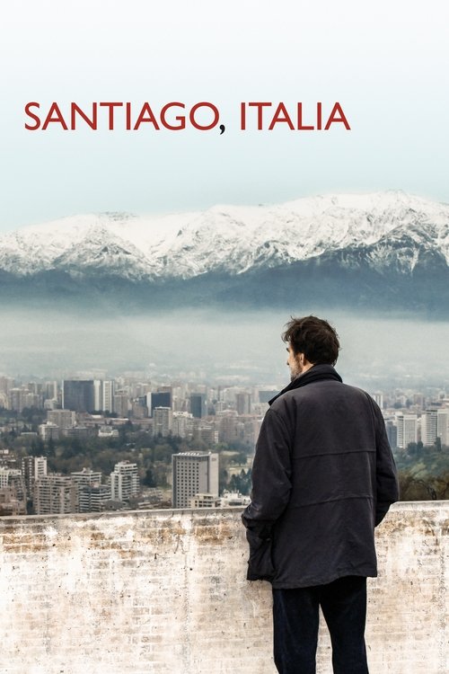 A lone figure gazes out at a sprawling Italian city skyline, framed by snow-capped mountains under a hazy sky. The muted tones and soft lighting evoke a contemplative, slightly melancholic mood.