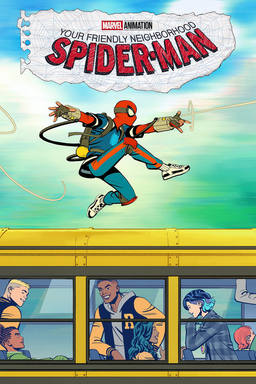 The poster features Spider-Man in mid-air, swinging with dynamic motion against a bright sky. Below him, three characters in a yellow building frame the scene, suggesting a friendly neighborhood setting. The vibrant colors and energetic pose convey a lively, adventurous mood.