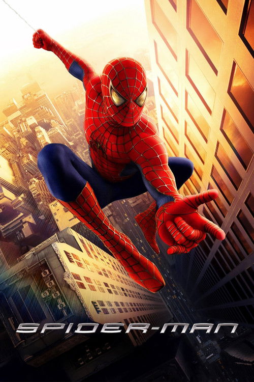 This vibrant movie poster features Spider-Man in his iconic red and blue suit, swinging through a cityscape bathed in warm, golden sunlight. The dynamic pose and detailed costume convey action and adventure, while the urban backdrop suggests a thrilling urban adventure.
