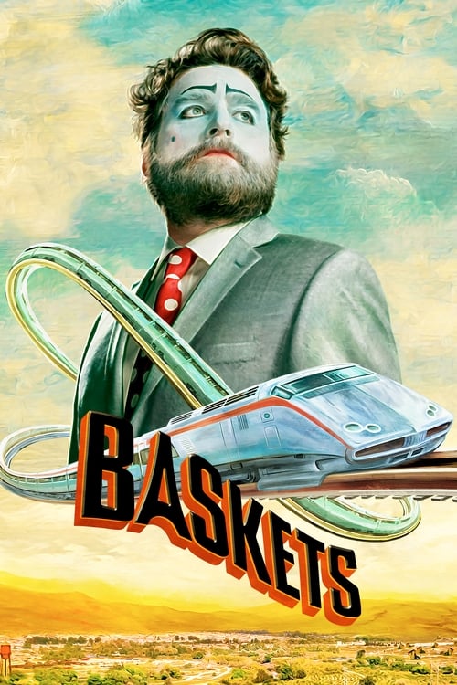 The poster features a man with a beard and painted face, wearing a suit and red tie, set against a vibrant sunset sky. A sleek silver basketball car flies through the air with a dynamic, almost cartoonish motion. The word "BASKETS" is prominently displayed in bold, red, three-dimensional letters....