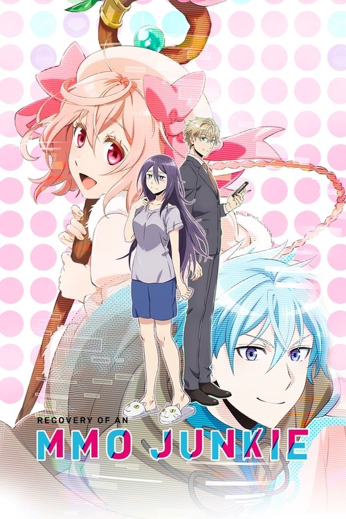 The poster features three anime-style characters against a pink polka-dot background. A pink-haired girl in a white outfit stands prominently on the left, while a dark-haired girl in a blue dress is positioned behind her. On the right, a blue-haired character with a serious expression adds depth ...