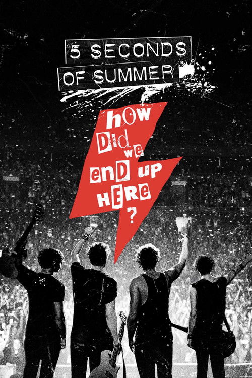 The poster features silhouettes of five people against a dark background, with one person raising their arm. The title "5 Seconds of Summer" is at the top in bold white letters, while the subtitle "How Did We End Up Here?" is written in red on a jagged red lightning bolt. The overall mood is myst...