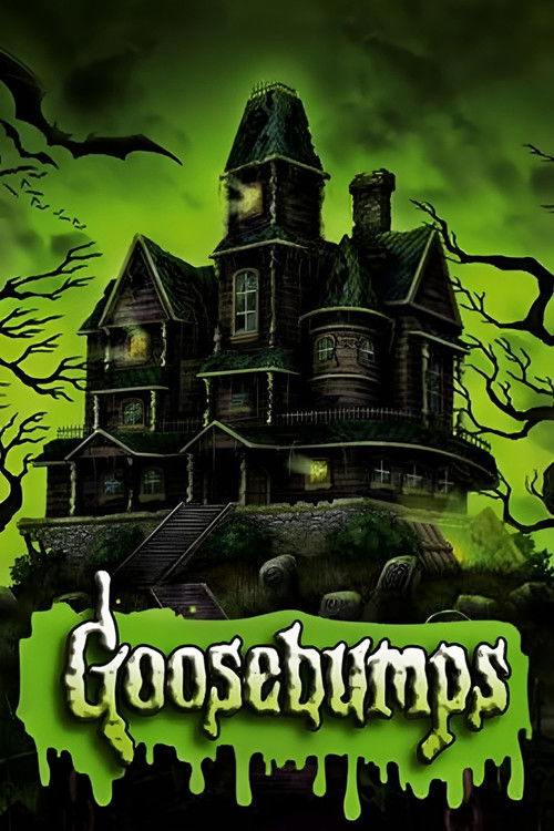 This eerie poster features a spooky haunted house with glowing windows against a dark green sky. The title "Goosebumps" is prominently displayed at the bottom in a dripping font, evoking a sense of dread and suspense.