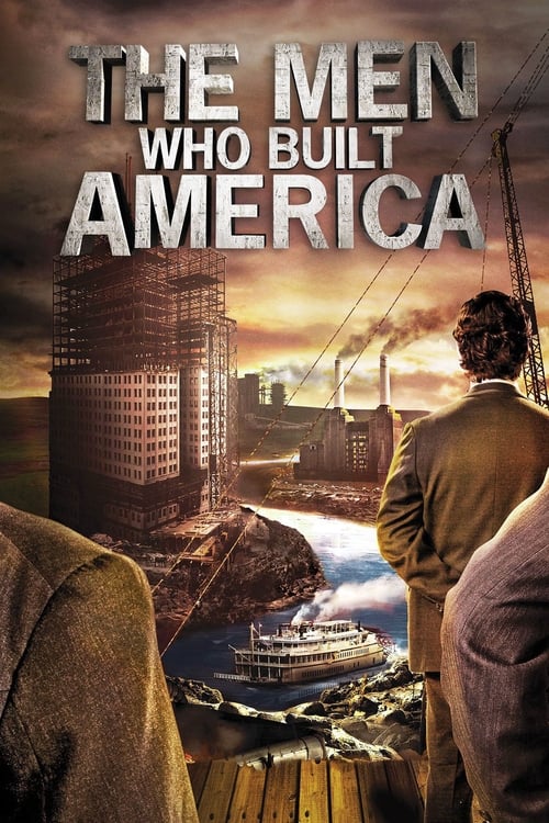 The poster features three men in brown jackets looking out over a bustling harbor scene. The warm golden hour lighting casts a nostalgic mood, while the large, imposing skyscrapers in the background hint at the construction of America.