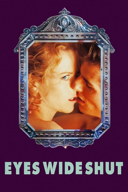 The poster features a woman and man in intimate close-up, framed by an ornate silver border against a deep purple background. The mood is romantic and mysterious, with the title "EYES WIDE SHUT" prominently displayed at the bottom.