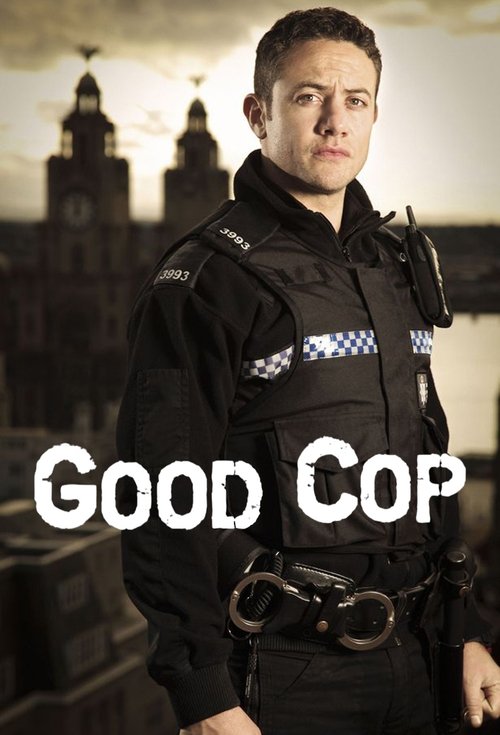 The poster features a serious police officer in a black uniform against a backdrop of a city skyline with a castle-like structure. The bold white text "GOOD COP" dominates the foreground, conveying a gritty, action-oriented tone. The muted colors and dramatic lighting suggest a suspenseful and dr...