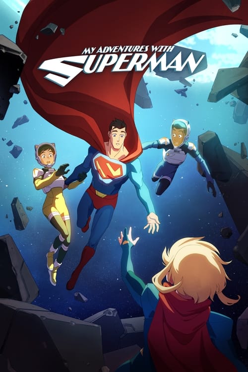 The poster features Superman soaring above a group of children in a dramatic, action-filled scene. Superman's vibrant red cape and blue suit stand out against the dark, starry background. The children, dressed in colorful outfits, look up with wonder and excitement. The overall mood is adventurou...