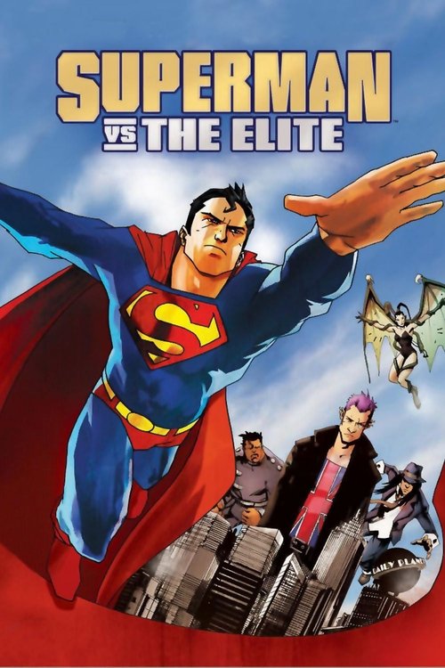 The poster features Superman in a heroic pose against a vibrant blue sky, with his iconic red cape flowing dramatically. Below him, a group of diverse characters stands on a rooftop, looking up with expressions of determination and camaraderie. The scene is filled with dynamic colors—reds, blues,...