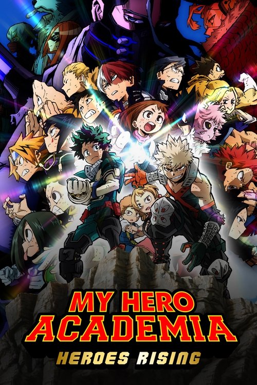 This vibrant poster showcases a dynamic scene filled with diverse heroes from "My Hero Academia" in action poses, radiating energy and excitement. The colors are vivid, with deep purples and blues contrasting against bright yellows and reds, creating an energetic atmosphere. The title "My Hero Ac...