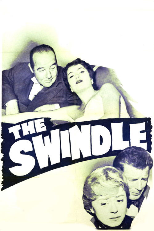 The poster features a black-and-white photograph of three characters in a dramatic pose, with the title "THE SWINDLE" prominently displayed in bold, stylized letters. The mood is mysterious and suspenseful, suggesting a thriller or mystery genre.