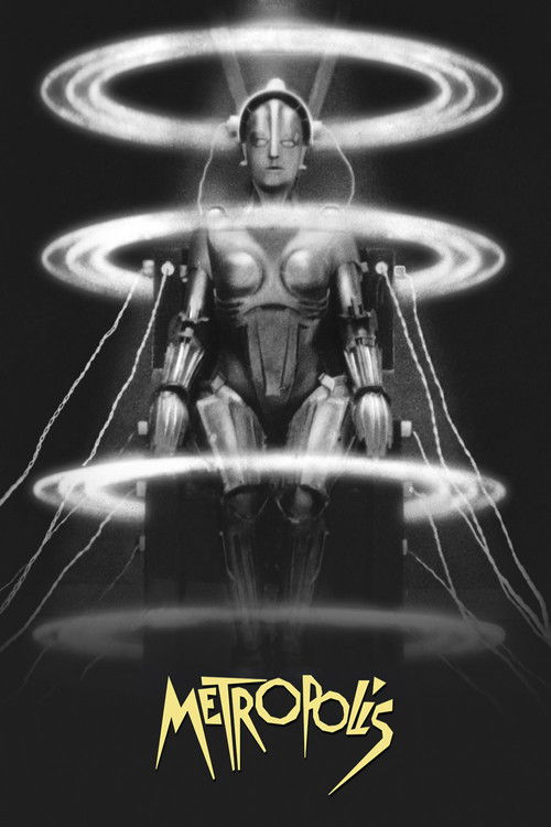 The poster features a futuristic, metallic figure with glowing rings around their head and torso, symbolizing advanced technology. The dark background enhances the eerie, otherworldly mood. The title "METROPOLIS" is prominently displayed in bold, yellow font at the bottom, suggesting a blend of i...