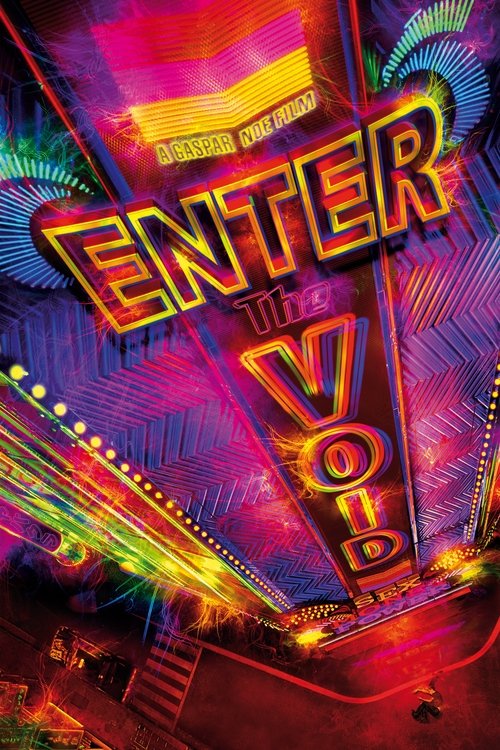 The vibrant poster features a neon-lit carnival scene with people dancing in colorful lights. The title "Enter the Void" is prominently displayed in bold, glowing letters. The overall mood is energetic and mysterious, capturing the essence of a thrilling adventure.