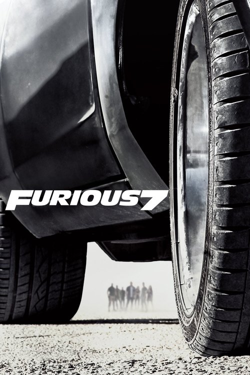 The poster features a sleek black car with aggressive styling, emphasizing speed and power. The bold "Furious 7" logo dominates the frame, suggesting high-octane driving. The gritty, gritty texture of the tire and asphalt conveys raw, intense action. The overall mood is one of adrenaline and exci...