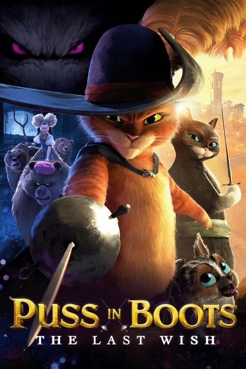 The poster features a determined penguin in a hat, surrounded by other characters like a cat, a wolf, and a bird. The warm orange and purple hues create a mystical atmosphere, while the title "Puss in Boots: The Last Wish" is prominently displayed at the bottom.