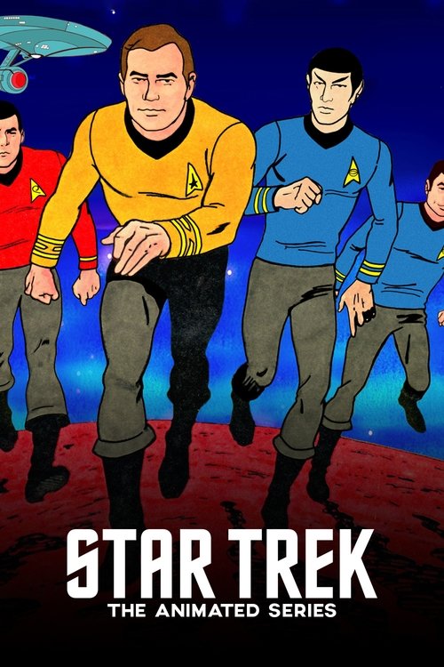 This animated poster features four characters in classic Star Trek uniforms against a deep blue space backdrop. The vibrant yellow, blue, and red uniforms create a dynamic composition, while the bold white text at the bottom emphasizes the show's title. The mood is energetic and adventurous, capt...