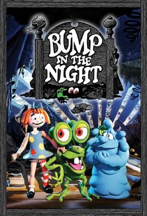 The poster features three animated characters against a dark, mysterious background. A girl with red hair stands on the left, while two green and blue monsters flank her. The scene exudes a spooky yet whimsical mood, with glowing lights and eerie atmosphere.