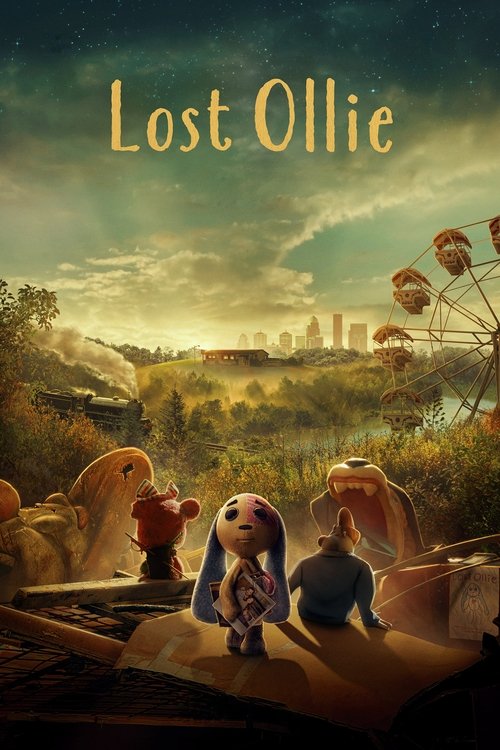 The poster features a whimsical scene with children in colorful, oversized plush toys. The warm, golden hues of the sunset evoke a nostalgic, dreamy atmosphere. The title "Lost Ollie" is elegantly displayed in a classic serif font, suggesting a timeless, magical story.