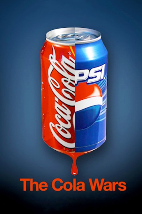 This movie poster features a dramatic scene with a Coca-Cola can and Pepsi can intertwined, symbolizing the rivalry between the two brands. The vibrant red and blue colors create a visually striking contrast, while the dripping liquid adds to the sense of conflict. The dark background enhances th...