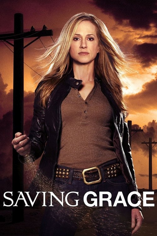 The poster features a woman with long blonde hair, wearing a brown top and leather jacket, holding a black pole against a dramatic sunset sky. The warm orange and yellow hues create a moody, atmospheric mood, evoking themes of survival and resilience.